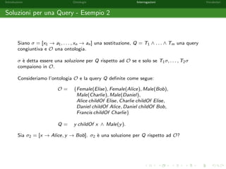 nito, numerabile e disgiunto da NC , NP e NI delle 
variabili. Le formule atomiche sono espressioni dei due seguenti tipi: 
C(x); P(x; y) 
con x; y 2 NI [ V, P 2 NC e P 2 NP. 
Esempi di formule atomiche sono: 
HumanBeing(x), 
x childOf Alice, 
Bob childOf x, 
x childOf y, 
Mortal(Socrate), 
Alice childOf Elise 
con HumanBeing;Mortal 2 NC , childOf 2 NP, Alice; Bob; Elise 2 NI e x; y 2 V. 
 