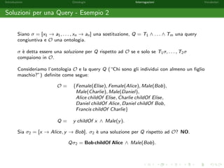 Introduzione Ontologie Interrogazioni Vocabolari 
Formule Atomiche Chiuse 
Una formula atomica nella quale non compaiano variabili si dice chiusa. 
Negli esempi che seguono sono evidenziate le formule atomiche chiuse: 
HumanBeing(x), 
x childOf Alice, 
Bob childOf x, 
x childOf y, 
Mortal(Socrate), 
Alice childOf Elise 
con HumanBeing;Mortal 2 NC , childOf 2 NP, Alice; Bob; Elise 2 NI e x; y 2 V. 
 