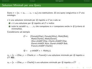 nita che associa nomi di individui a variabili. 
Sia T una formula atomica e  = [x1 ! a1; : : : ; xn ! an] una sostituzione. 
L'applicazione T di  a T e la formula atomica che si ottiene sostituendo in T ad 
ogni occorrenza della variabile xi il corrispondente nome di individuo ai , per ogni 
1  i  n. 
Alcuni esempi: 
Male(x)[x ! Bob] = Male(Bob) 
Male(x)[y ! Bob] = 
(x childOf y)[x ! Alice] = 
(x childOf y)[x ! Alice; y ! Elise] = 
con x; y 2 V, Male 2 NC , childOf 2 NP e Alice; Bob; Elise 2 NI . 
 