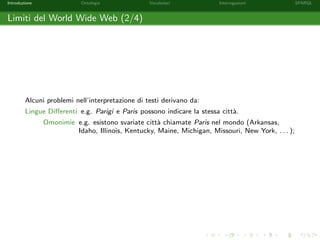 Introduzione Ontologie Vocabolari Interrogazioni SPARQL
Limiti del World Wide Web (2/4)
Alcuni problemi nell’interpretazione di testi derivano da:
Lingue Diﬀerenti e.g. Parigi e Paris possono indicare la stessa citt`a.
Omonimie e.g. esistono svariate citt`a chiamate Paris nel mondo (Arkansas,
Idaho, Illinois, Kentucky, Maine, Michigan, Missouri, New York, . . . );
 