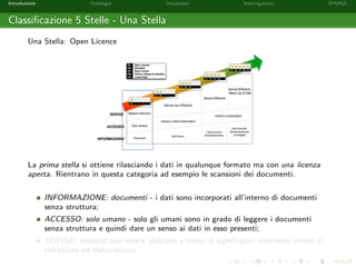Introduzione Ontologie Vocabolari Interrogazioni SPARQL
Classiﬁcazione 5 Stelle - Una Stella
Una Stella: Open Licence
La prima stella si ottiene rilasciando i dati in qualunque formato ma con una licenza
aperta. Rientrano in questa categoria ad esempio le scansioni dei documenti.
INFORMAZIONE: documenti - i dati sono incorporati all’interno di documenti
senza struttura;
ACCESSO: solo umano - solo gli umani sono in grado di leggere i documenti
senza struttura e quindi dare un senso ai dati in esso presenti;
SERVIZI: nessuno pu`o essere abilitato a meno di signiﬁcativi interventi umani di
estrazione ed elaborazione;
 