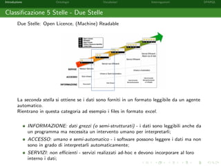 Introduzione Ontologie Vocabolari Interrogazioni SPARQL
Classiﬁcazione 5 Stelle - Due Stelle
Due Stelle: Open Licence, (Machine) Readable
La seconda stella si ottiene se i dati sono forniti in un formato leggibile da un agente
automatico.
Rientrano in questa categoria ad esempio i ﬁles in formato excel.
INFORMAZIONE: dati grezzi (o semi-strutturati) - i dati sono leggibili anche da
un programma ma necessita un intervento umano per interpretarli;
ACCESSO: umano e semi-automatico - i software possono leggere i dati ma non
sono in grado di interpretarli automaticamente;
SERVIZI: non eﬃcienti - servizi realizzati ad-hoc e devono incorporare al loro
interno i dati;
 