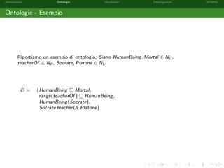 Introduzione Ontologie Vocabolari Interrogazioni SPARQL
Ontologie - Esempio
Riportiamo un esempio di ontologia. Siano HumanBeing, Mortal ∈ NC ,
teacherOf ∈ NP , Socrate, Platone ∈ NI .
O = {HumanBeing Mortal,
range(teacherOf ) HumanBeing,
HumanBeing(Socrate),
Socrate teacherOf Platone}
 