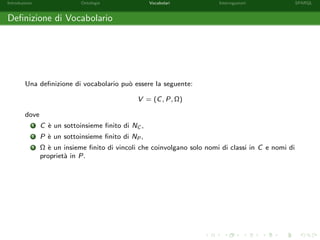 Introduzione Ontologie Vocabolari Interrogazioni SPARQL
Deﬁnizione di Vocabolario
Una deﬁnizione di vocabolario pu`o essere la seguente:
V = (C, P, Ω)
dove
1 C `e un sottoinsieme ﬁnito di NC ,
2 P `e un sottoinsieme ﬁnito di NP ,
3 Ω `e un insieme ﬁnito di vincoli che coinvolgano solo nomi di classi in C e nomi di
propriet`a in P.
 