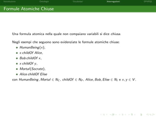 Introduzione Ontologie Vocabolari Interrogazioni SPARQL
Formule Atomiche Chiuse
Una formula atomica nella quale non compaiano variabili si dice chiusa.
Negli esempi che seguono sono evidenziate le formule atomiche chiuse:
HumanBeing(x),
x childOf Alice,
Bob childOf x,
x childOf y,
Mortal(Socrate),
Alice childOf Elise
con HumanBeing, Mortal ∈ NC , childOf ∈ NP , Alice, Bob, Elise ∈ NI e x, y ∈ V .
 