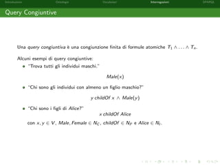Introduzione Ontologie Vocabolari Interrogazioni SPARQL
Query Congiuntive
Una query congiuntiva `e una congiunzione ﬁnita di formule atomiche T1 ∧ . . . ∧ Tn.
Alcuni esempi di query congiuntive:
“Trova tutti gli individui maschi.”
Male(x)
“Chi sono gli individui con almeno un ﬁglio maschio?”
y childOf x ∧ Male(y)
“Chi sono i ﬁgli di Alice?”
x childOf Alice
con x, y ∈ V , Male, Female ∈ NC , childOf ∈ NP e Alice ∈ NI .
 