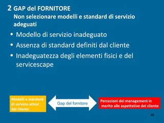 2 GAP del FORNITORE
Non selezionare modelli e standard di servizio
adeguati
• Modello di servizio inadeguato
• Assenza di standard definiti dal cliente
• Inadeguatezza degli elementi fisici e del
servicescape
Modelli e standard
di servizio attesi
dal cliente
Percezioni del management in
merito alle aspettative del cliente
Gap del fornitore
46
 