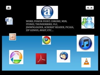 WORD, POWER POINT, CHROME, MSN, ITUNES, THUNDERBIRD, VLC, JDOWNLOADER, ACROBAT READER, PICASA, ZIP GENIUS, AVAST, ETC…