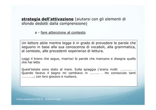 strategia dell’attivazione (aiutarsi con gli elementi di
sfondo dedotti dalla comprensione)
a - fare attenzione al contesto
Un lettore abile mentre legge è in grado di prevedere le parole che
seguono in base alla sua conoscenza di vocaboli, alla grammatica,
al contesto, alle precedenti esperienze di lettura.
Leggi il brano che segue, inserisci le parole che mancano e disegna quello
che hai letto
Quest’estate sono stato al mare. Sulla spiaggia c’erano molti …………… .
Quando facevo il bagno mi cambiavo in ……….. . Ho conosciuto tanti
…………..; con loro giocavo e nuotavo.
Corso neoassunti 21/03/13 M.Elena Crippa
 