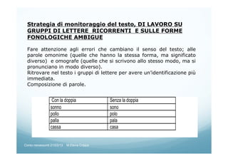 Strategia di monitoraggio del testo, DI LAVORO SU
GRUPPI DI LETTERE RICORRENTI E SULLE FORME
FONOLOGICHE AMBIGUE
Fare attenzione agli errori che cambiano il senso del testo; alle
parole omonime (quelle che hanno la stessa forma, ma significato
diverso) e omografe (quelle che si scrivono allo stesso modo, ma si
pronunciano in modo diverso).
Ritrovare nel testo i gruppi di lettere per avere un’identificazione più
immediata.
Composizione di parole.
Corso neoassunti 21/03/13 M.Elena Crippa
 