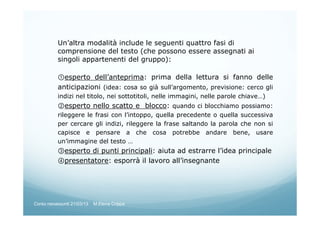 Un’altra modalità include le seguenti quattro fasi di
comprensione del testo (che possono essere assegnati ai
singoli appartenenti del gruppo):
①esperto dell’anteprima: prima della lettura si fanno delle
anticipazioni (idea: cosa so già sull’argomento, previsione: cerco gli
indizi nel titolo, nei sottotitoli, nelle immagini, nelle parole chiave…)
②esperto nello scatto e blocco: quando ci blocchiamo possiamo:
rileggere le frasi con l’intoppo, quella precedente o quella successiva
per cercare gli indizi, rileggere la frase saltando la parola che non si
capisce e pensare a che cosa potrebbe andare bene, usare
un’immagine del testo …
③esperto di punti principali: aiuta ad estrarre l’idea principale
④presentatore: esporrà il lavoro all’insegnante
Corso neoassunti 21/03/13 M.Elena Crippa
 