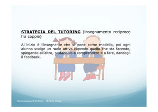 STRATEGIA DEL TUTORING (insegnamento reciproco
fra coppie)
All’inizio è l’insegnante che si pone come modello, poi ogni
alunno svolge un ruolo attivo capendo quello che sta facendo,
spiegando all’altro, aiutandolo a comprendere e a fare, dandogli
il feedback.
Corso neoassunti 21/03/13 M.Elena Crippa
 