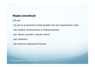 Mappe concettuali
utili per
sia per la produzione scritta guidata che per l’esposizione orale
per aiutare comprensione e memorizzazione
per fissare concetti e parole-chiave
per ripassare
per favorire esposizione fluente
Corso neoassunti 21/03/13 M.Elena Crippa
 