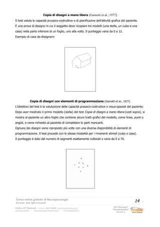 Copia di disegni a mano libera (Gainotti et al., 1977)
Il test valuta le capacità prussico-costruttive e di pianificazine dell’attività grafica del paziente.
È una prova di disegno in cui il soggetto deve ricopiare tre modelli (una stella, un cubo e una
casa) nella parte inferiore di un foglio, uno alla volta. Il punteggio varia da 0 a 12.
Esempio di casa da disegnare:
Copia di disegni con elementi di programmazione (Gainotti et al., 1977)
L’obiettivo del test è la valutazione delle capacità prassico-costruttive e visuo-spaziali del paziente.
Dopo aver mostrato il primo modello (stella) del test Copia di disegni a mano libera (vedi sopra), si
mostra al paziente un altro foglio che contiene alcuni tratti grafici del modello, come linee, punti o
angoli, e viene richiesto al paziente di completare le parti mancanti.
Ognuno dei disegni viene riproposto più volte con una diversa disponibilità di elementi di
programmazione. Il test procede con le stesse modalità per i rimanenti stimoli (cubo e casa).
Il punteggio è dato dal numero di segmenti esattamente collocati e varia da 0 a 70.
Corso online gratuito di Neuropsicologia
Docente: dott. Iglis Innocenti
14 / 17
Centro HT Network: Cesena: 0547-480296 www.humantrainer.com
www.psicocitta.it – www.psicologia-psicoterapia.it – www.paolocascia.it
Sei Psicologo?
Psicoterapeuta?
Iscriviti a:
 