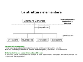 La struttura elementare

                                                                             Organo di governo
                          Direttore Generale                                    economico e
                                                                                 direzione

                                               segreteria



                                                                               Organi operativi

   lavorazione          lavorazione         lavorazione          lavorazione


Caratteristiche aziendali:
• impresa di piccole (piccolissime) dimensioni e combinazioni produttive semplici
• un solo prodotto (o una linea di prodotti molto omogenea) destinato a un solo mercato

Criterio di divisione e coordinamento del lavoro:
le posizioni, ossia l’omogeneità dei compiti e delle responsabilità assegnate alle varie persone che
ricoprono le diverse posizioni
 