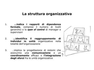 La struttura organizzativa

1.      …indica i rapporti di dipendenza
     formale, compresi il numero di livelli
     gerarchici e lo span of control di manager e
     supervisori

2.      …identifica il raggruppamento di
     individui in unità organizzative nella
     totalità dell’organizzazione

3.    …implica la progettazione di sistemi che
     assicurino una comunicazione e un
     coordinamento efficaci e l’integrazione
     degli sforzi fra le unità organizzative
 