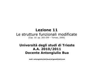 Lezione 11
Le strutture funzionali modificate
      (Cap. 10: pp. 283-299 – Tomasi, 2006)



 Università degli studi di Trieste
        A.A. 2010/2011
    Docente Antongiulio Bua
       mail: antongiulio(dot)bua(at)gmail(dot)com
 