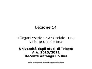 Lezione 14

«Organizzazione Aziendale: una
      visione d’insieme»
Università degli studi di Trieste
       A.A. 2010/2011
   Docente Antongiulio Bua
     mail: antongiulio(dot)bua(at)gmail(dot)com
 