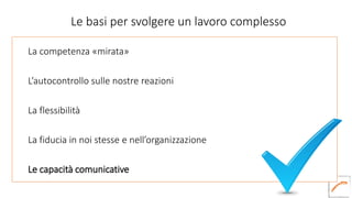 Le basi per svolgere un lavoro complesso
La competenza «mirata»
L’autocontrollo sulle nostre reazioni
La flessibilità
La fiducia in noi stesse e nell’organizzazione
Le capacità comunicative
 