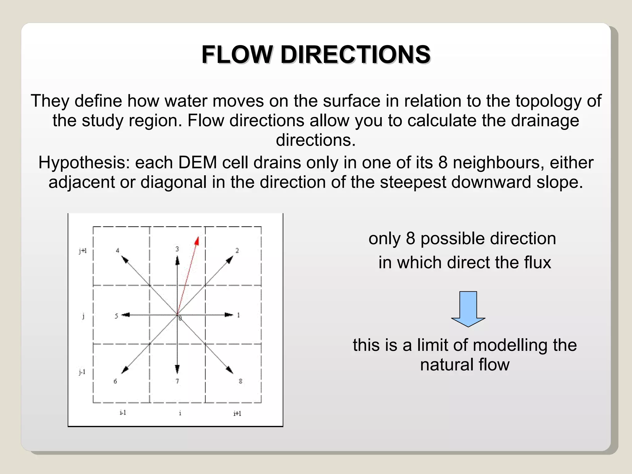 FLOW DIRECTIONS They define how water moves on the surface in relation to the topology of the study region. Flow directions allow you to calculate the drainage directions. Hypothesis: each DEM cell drains only in one of its 8 neighbours, either adjacent or diagonal in the direction of the steepest downward slope. only 8 possible direction  in which direct the flux this is a limit of modelling the natural flow 