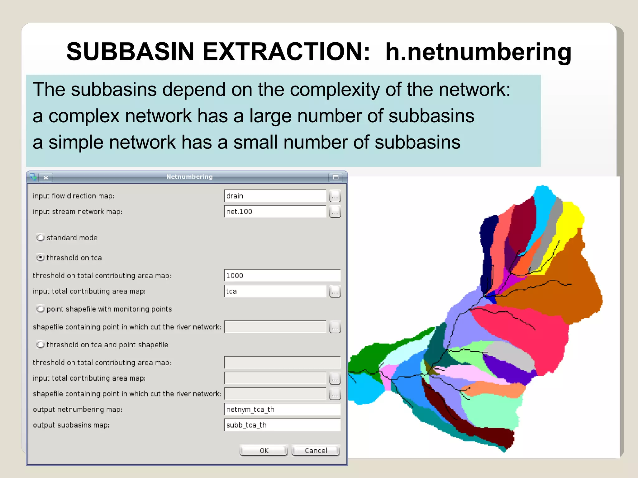 SUBBASIN EXTRACTION:  h.netnumbering The subbasins depend on the complexity of the network: a complex network has a large number of subbasins a simple network has a small number of subbasins 