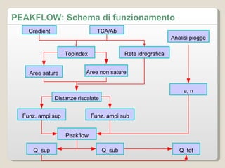 PEAKFLOW: Schema di funzionamento Gradient TCA/Ab Topindex Rete idrografica Aree sature Aree non sature Distanze riscalate Funz. ampi sup Funz. ampi sub Peakflow Q_sub Q_sup Q_tot Analisi piogge a, n 