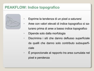 Esprime la tendenza di un pixel a saturarsi Aree con valori elevati di indice topografico si saturano prima di aree a basso indice topografico Dipende solo dalla morfologia Discrimina i siti che danno deflusso superficiale da quelli che danno solo contributo subsuperficiale È proporzionale al rapporto tra area cumulata nel pixel e pendenza PEAKFLOW: Indice topografico 