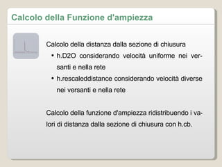 Calcolo della distanza dalla sezione di chiusura h.D2O considerando velocità uniforme nei versanti e nella rete h.rescaleddistance considerando velocità diverse nei versanti e nella rete Calcolo della funzione d'ampiezza ridistribuendo i valori di distanza dalla sezione di chiusura con h.cb. Calcolo della Funzione d'ampiezza 