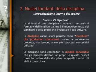 2. Nuclei fondanti della disciplina.
L’organizzazione interna del sapere
Sintassi VS Significato
La sintassi di una disciplina contiene i meccanismi
formativi dell’intelligenza, ma è il mondo/contesto dei
significati e della prassi che li veicola e li può attivare.
Le discipline vanno allora pensate come “macchine”
che producono conoscenza: serve la conoscenza
prodotta, ma servono ancor più i processi conoscitivi
utilizzati.
Le discipline sono contenitori di modelli conoscitivi
che gli studenti devono far propri: è questo l’uso/il
ruolo formativo delle discipline in specifici ambiti di
abilità conoscitiva.
13
 