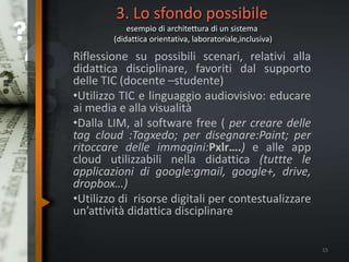 3. Lo sfondo possibile
esempio di architettura di un sistema
(didattica orientativa, laboratoriale,inclusiva)
Riflessione su possibili scenari, relativi alla
didattica disciplinare, favoriti dal supporto
delle TIC (docente –studente)
•Utilizzo TIC e linguaggio audiovisivo: educare
ai media e alla visualità
•Dalla LIM, al software free ( per creare delle
tag cloud :Tagxedo; per disegnare:Paint; per
ritoccare delle immagini:Pxlr….) e alle app
cloud utilizzabili nella didattica (tuttte le
applicazioni di google:gmail, google+, drive,
dropbox…)
•Utilizzo di risorse digitali per contestualizzare
un’attività didattica disciplinare
15
 