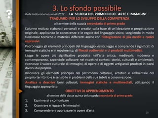 3. Lo sfondo possibile
Dalle Indicazioni nazionali 2012 LA SCUOLA DEL PRIMO CICLO. ARTE E IMMAGINE
TRAGUARDI PER LO SVILUPPO DELLA COMPETENZA
al termine della scuola secondaria di primo grado
L’alunno realizza elaborati personali e creativi sulla base di un’ideazione e progettazione
originale, applicando le conoscenze e le regole del linguaggio visivo, scegliendo in modo
funzionale tecniche e materiali differenti anche con l’integrazione di più media e codici
espressivi.
Padroneggia gli elementi principali del linguaggio visivo, legge e comprende i significati di
immagini statiche e in movimento, di filmati audiovisivi e di prodotti multimediali.
Legge le opere più significative prodotte nell’arte antica, medievale, moderna e
contemporanea, sapendole collocare nei rispettivi contesti storici, culturali e ambientali;
riconosce il valore culturale di immagini, di opere e di oggetti artigianali prodotti in paesi
diversi dal proprio.
Riconosce gli elementi principali del patrimonio culturale, artistico e ambientale del
proprio territorio e è sensibile ai problemi della sua tutela e conservazione.
Analizza e descrive beni culturali, immagini statiche e multimediali, utilizzando il
linguaggio appropriato.
OBIETTIVI DI APPRENDIMENTO
al termine della classe quinta della scuola secondaria di primo grado
1. Esprimersi e comunicare
2. Osservare e leggere le immagini
3. Comprendere e apprezzare le opere d’arte
20
 