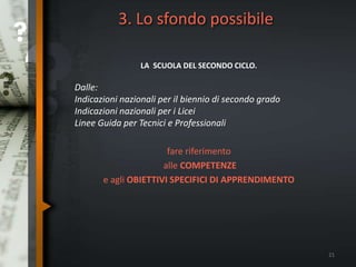 3. Lo sfondo possibile
LA SCUOLA DEL SECONDO CICLO.
Dalle:
Indicazioni nazionali per il biennio di secondo grado
Indicazioni nazionali per i Licei
Linee Guida per Tecnici e Professionali
fare riferimento
alle COMPETENZE
e agli OBIETTIVI SPECIFICI DI APPRENDIMENTO
21
 