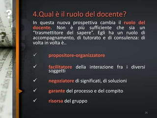 4.Qual è il ruolo del docente?
In questa nuova prospettiva cambia il ruolo del
docente. Non è più sufficiente che sia un
“trasmettitore del sapere”. Egli ha un ruolo di
accompagnamento, di tutorato e di consulenza: di
volta in volta è..
 propositore-organizzatore
 facilitatore della interazione fra i diversi
soggetti
 negoziatore di significati, di soluzioni
 garante del processo e del compito
 risorsa del gruppo
26
 