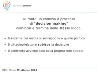Durante un comizio il processo 
di “decision making“ 
comincia e termina nello stesso luogo. 
• Il sistema dei media si sovrappone a quello politico 
• Il cittadino/elettore subisce la decisione 
• Il confronto avviene solo nella propria rete sociale 
RISL, Roma 22 ottobre 2014 
 