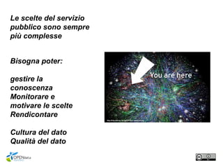 Le scelte del servizio
pubblico sono sempre
più complesse
Bisogna poter:
gestire la
conoscenza
Monitorare e
motivare le scelte
Rendicontare
Cultura del dato
Qualità del dato
 