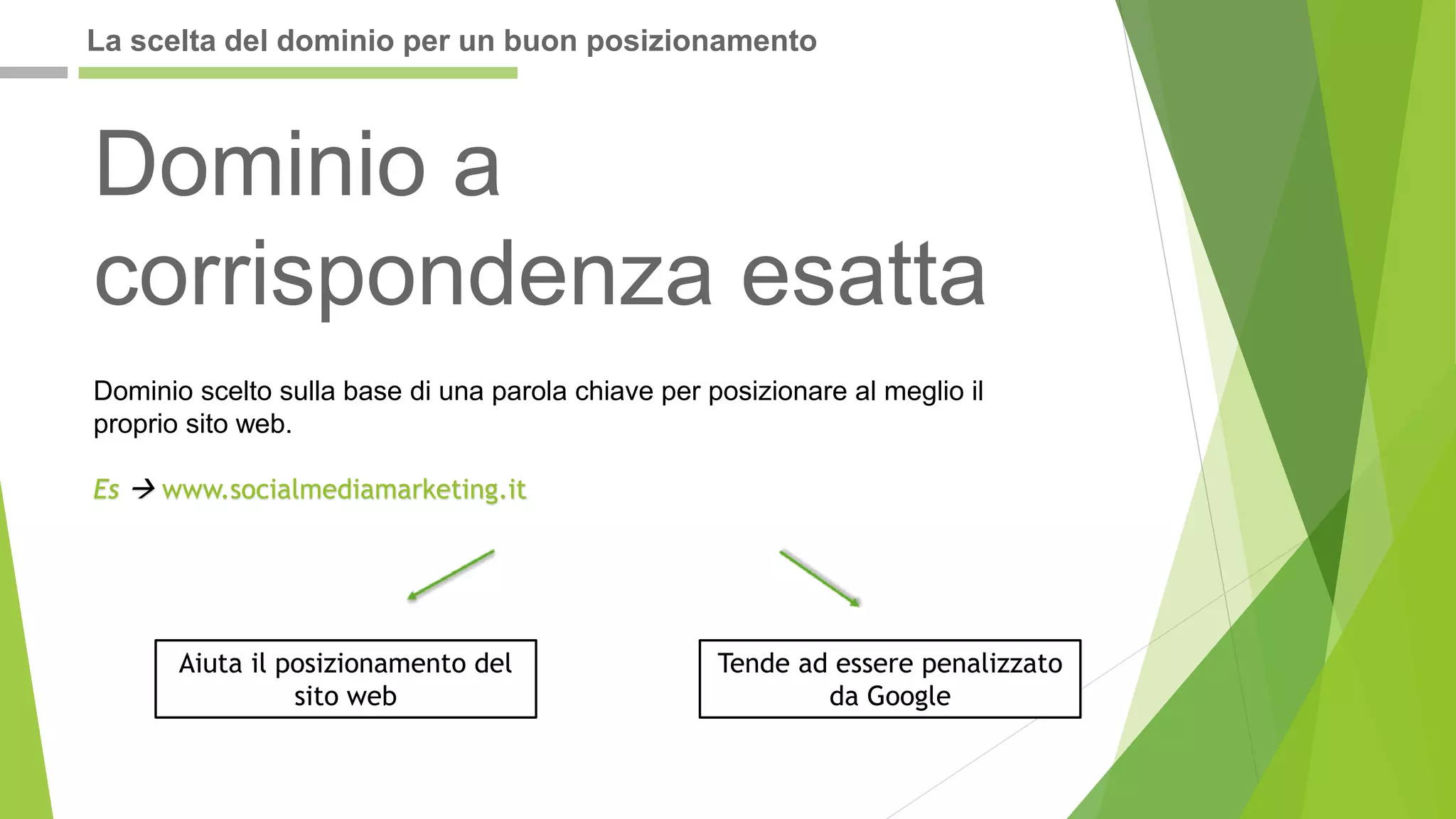 Dominio a
corrispondenza esatta
Dominio scelto sulla base di una parola chiave per posizionare al meglio il
proprio sito web.
Es  www.socialmediamarketing.it
Aiuta il posizionamento del
sito web
Tende ad essere penalizzato
da Google
La scelta del dominio per un buon posizionamento
 