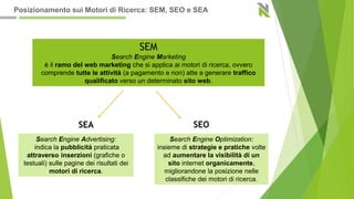SEM
Search Engine Marketing
è il ramo del web marketing che si applica ai motori di ricerca, ovvero
comprende tutte le attività (a pagamento e non) atte a generare traffico
qualificato verso un determinato sito web.
SEA SEO
Search Engine Advertising:
indica la pubblicità praticata
attraverso inserzioni (grafiche o
testuali) sulle pagine dei risultati dei
motori di ricerca.
Search Engine Optimization:
insieme di strategie e pratiche volte
ad aumentare la visibilità di un
sito internet organicamente,
migliorandone la posizione nelle
classifiche dei motori di ricerca.
Posizionamento sui Motori di Ricerca: SEM, SEO e SEA
 