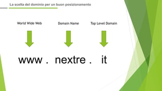 www . nextre . it
World Wide Web Domain Name Top Level Domain
La scelta del dominio per un buon posizionamento
 