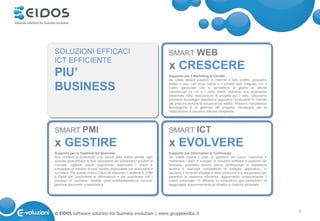 SOLUZIONI EFFICACI                                                      SMART WEB
ICT EFFICIENTE
                                                                        x CRESCERE
PIU’                                                                    Supporto per il Marketing & Vendite
                                                                        Se volete essere presenti in Internet e fare profitto, possiamo

BUSINESS                                                                creare il sito, uno shop online o il portale web integrato con il
                                                                        vostro gestionale che vi permetterà di gestire le attività
                                                                        commerciali tra voi e i vostri clienti. Abbiamo una esperienza
                                                                        decennale nella realizzazione di progetti per il web. Utilizziamo
                                                                        strumenti tecnologici standard e seguiamo l’evoluzione di Internet
                                                                        per proporvi sempre la soluzione più adatta. Abbiamo competenze
                                                                        tecnologiche e di gestione del progetto, necessarie per la
                                                                        realizzazione di soluzioni Internet complesse.




SMART PMI                                                               SMART ICT
x GESTIRE                                                               x EVOLVERE
Supporto per la Gestione del Business                                   Supporto per Information & Technology
Non contano le dimensioni o la natura delle vostre attività: ogni       Se volete ridurre i costi di gestione del parco macchine e
azienda deve attivare le leve necessarie per presentare i prodotti al   mantenere i piani di sviluppo di soluzioni software a supporto del
mercato, cogliere nuove opportunità, fidelizzare i clienti e            business, possiamo fornirvi servizi professionali di assistenza
sviluppare un servizio di post vendita impeccabile per assicurarsi il   tecnica e avanzate competenze di sviluppo applicativo. Vi
successo. Per questo motivo Eidos ha elaborato il sistema di CRM        lasciamo il controllo strategico della situazione e ci adoperiamo per
E-Portal per condividere le informazioni e per coordinare tutti i       garantirvi la massima efficienza, aggiornando continuamente il
processi di business: vendita, post-vendita/assistenza tecnica,         nostro personale. Vi offriamo la consulenza per permettervi di
gestione documenti e reportistica.                                      raggiungere autonomamente gli obiettivi di crescita personale.




© EIDOS software solution for business evolution | www.gruppoeidos.it                                                                           3
 