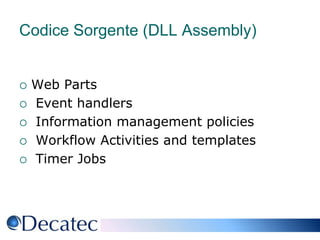 Codice Sorgente (DLL Assembly)Web Parts Event handlers Information management policies Workflow Activities and templates Timer Jobs
