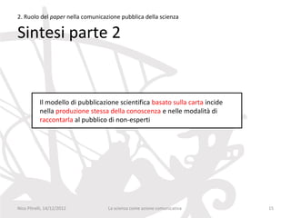 2. Ruolo del paper nella comunicazione pubblica della scienza

Sintesi parte 2


           Il modello di pubblicazione scientifica basato sulla carta incide
           nella produzione stessa della conoscenza e nelle modalità di
           raccontarla al pubblico di non-esperti




Nico Pitrelli, 14/12/2012          La scienza come azione comunicativa         15
 