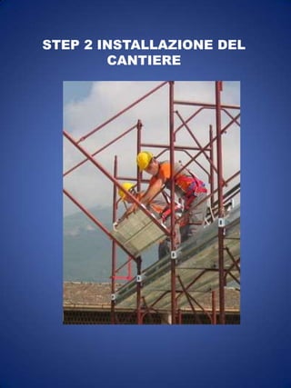 La realizzazione del ponteggio comporta da parte degli addetti il trasporto degli elementi dei ponteggi, il posizionamento dei tubi metallici nelle posizioni prestabilite, il montaggio mediantel’imbullonamento dei giunti per la realizzazione di strutture portanti aventi geometrie e sviluppi determinati da un progetto preliminare oppure da uno schema di ponteggio standard e l’ancoraggioalle strutture mediante opportuni tasselli o cavi, la deposizione di specifici intavolati in legno per realizzare le parti piane di passaggio, la realizzazione di elementi di sicurezza come lecontroventature per le parti esposte o i parasassi per le parti sporgenti nel caso vi sia il pericolo di caduta di materiali, l’uso  dei ponteggi, lo smontaggio.
