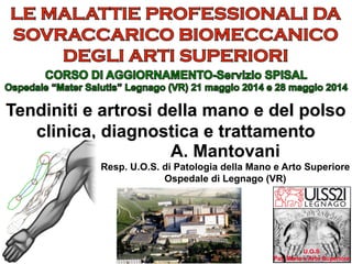 Tendiniti e artrosi della mano e del polso
clinica, diagnostica e trattamento
A. Mantovani
Resp. U.O.S. di Patologia della Mano e Arto Superiore
Ospedale di Legnago (VR)
 