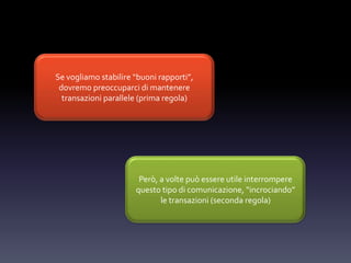 Se vogliamo stabilire “buoni rapporti”,
dovremo preoccuparci di mantenere
transazioni parallele (prima regola)
Però, a volte può essere utile interrompere
questo tipo di comunicazione, “incrociando”
le transazioni (seconda regola)
 