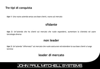 Tre tipi di conquista


 tipo 1: Una nuova azienda senza una base clienti, nuova sul mercato



                                                sfidante

 tipo 2: Un’azienda che ha clienti sul mercato che vuole espandersi, aumentare la clientela ed usare
 tecnologia diversa


                                             non leader
 tipo 3: Un’azienda “affermata” sul mercato che vuole assicurare ed estendere la sua base clienti a lungo
 termine


                                       leader di mercato
 
