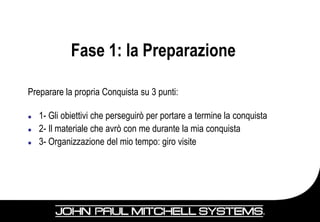 Fase 1: la Preparazione

Preparare la propria Conquista su 3 punti:

   1- Gli obiettivi che perseguirò per portare a termine la conquista
   2- Il materiale che avrò con me durante la mia conquista
   3- Organizzazione del mio tempo: giro visite
 