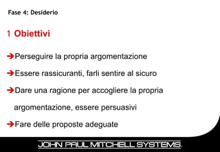 Fase 4: Desiderio


1 Obiettivi

Perseguire la propria argomentazione

Essere rassicuranti, farli sentire al sicuro

Dare una ragione per accogliere la propria

  argomentazione, essere persuasivi

Fare delle proposte adeguate


                                                41
 