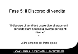 Fase 5: il Discorso di vendita


“Il discorso di vendita è usare diversi argomenti
     per soddisfare necessità diverse per clienti
                       diversi”
                          =

         Usare la matrice del profilo cliente



                                                    24
 