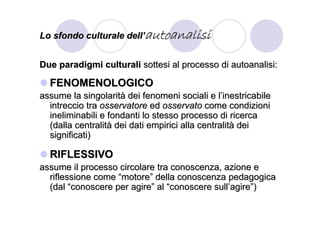 Lo sfondo culturale dell’autoanalisi


Due paradigmi culturali sottesi al processo di autoanalisi:

  FENOMENOLOGICO
assume la singolarità dei fenomeni sociali e l’inestricabile
  intreccio tra osservatore ed osservato come condizioni
  ineliminabili e fondanti lo stesso processo di ricerca
  (dalla centralità dei dati empirici alla centralità dei
  significati)

  RIFLESSIVO
assume il processo circolare tra conoscenza, azione e
  riflessione come “motore” della conoscenza pedagogica
  (dal “conoscere per agire” al “conoscere sull’agire”)
 