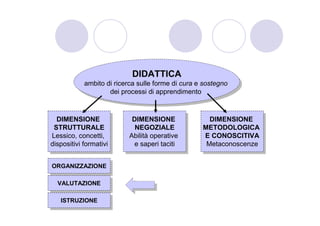 DIDATTICA
                            DIDATTICA
            ambito di ricerca sulle forme di cura e sostegno
             ambito di ricerca sulle forme di cura e sostegno
                    dei processi di apprendimento
                     dei processi di apprendimento


  DIMENSIONE
   DIMENSIONE               DIMENSIONE
                            DIMENSIONE               DIMENSIONE
                                                     DIMENSIONE
 STRUTTURALE
  STRUTTURALE                NEGOZIALE
                              NEGOZIALE            METODOLOGICA
                                                   METODOLOGICA
Lessico, concetti,
 Lessico, concetti,        Abilità operative
                           Abilità operative       E CONOSCITIVA
                                                    E CONOSCITIVA
dispositivi formativi
 dispositivi formativi       e saperi taciti
                              e saperi taciti       Metaconoscenze
                                                    Metaconoscenze

ORGANIZZAZIONE
ORGANIZZAZIONE

  VALUTAZIONE
   VALUTAZIONE

   ISTRUZIONE
    ISTRUZIONE
 